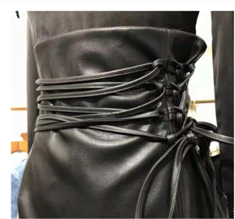 All-match Design Double Strap PU High Waist Diagonal Leather Skirt