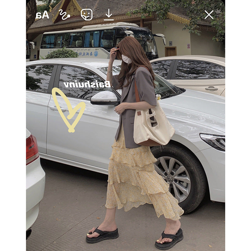 Chiffon Temperament High Waist A-line Green Mid-length Skirt