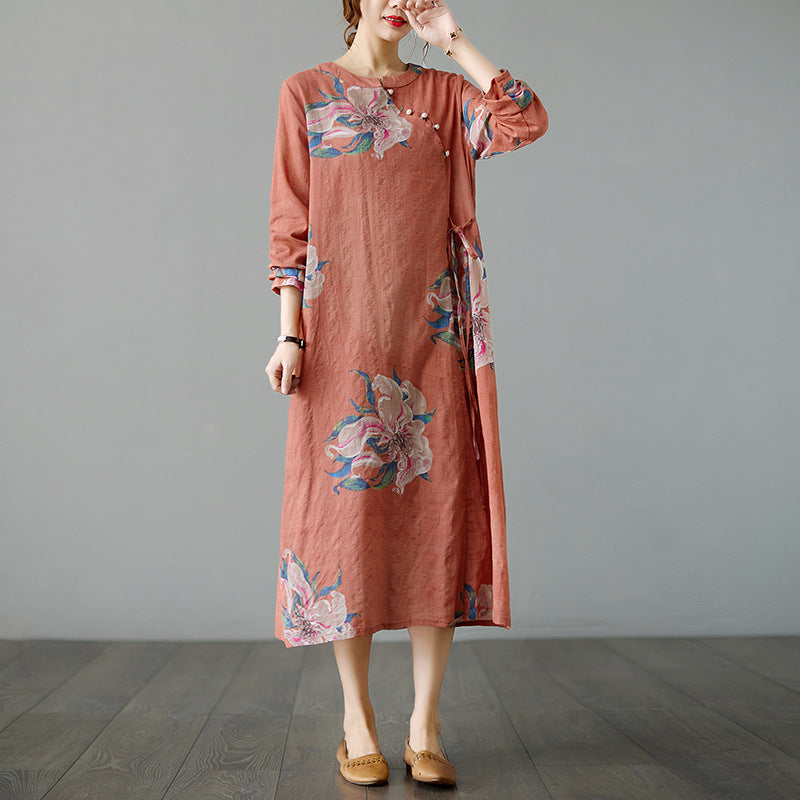 Printed Collar Loose Improved Long Sleeve Cheongsam Long Skirt Girl