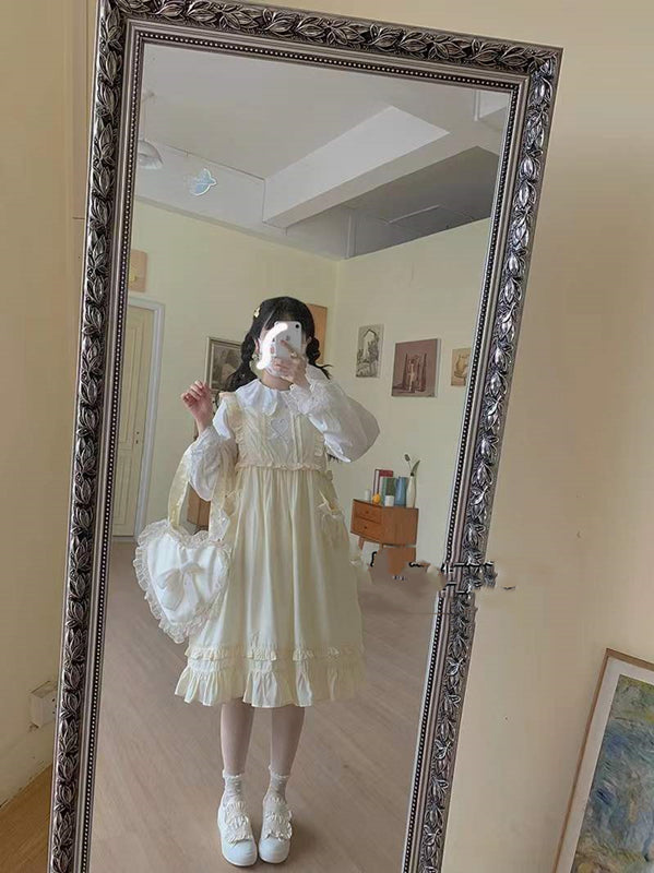 Solid Color Large Swing Hollow Heart Bow Vest Skirt Jsk