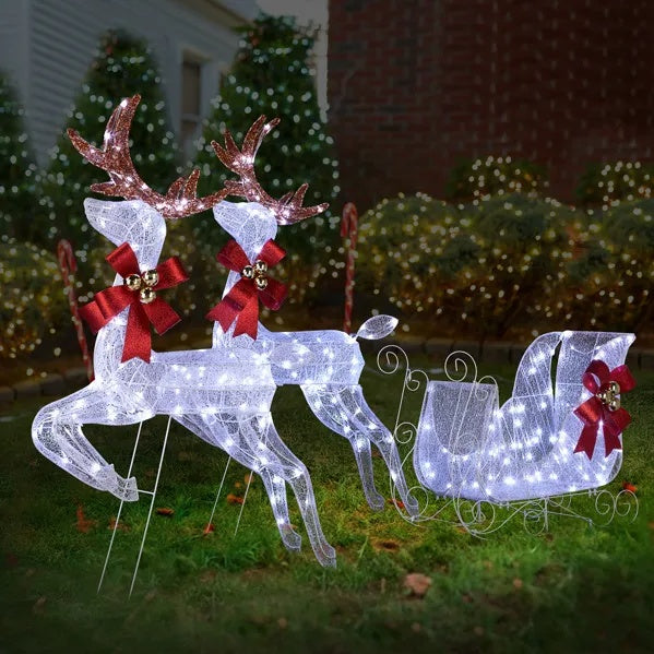 3-Piece Lighted Set Of 2 Reindeer & Sleigh, Weather Proof Christmas Outdoor Decorations With Pre-lit 270 LED White Lights And Stakes For Xmas Outdoor Holiday Indoor Decor Lighted Holiday Displays, Whi