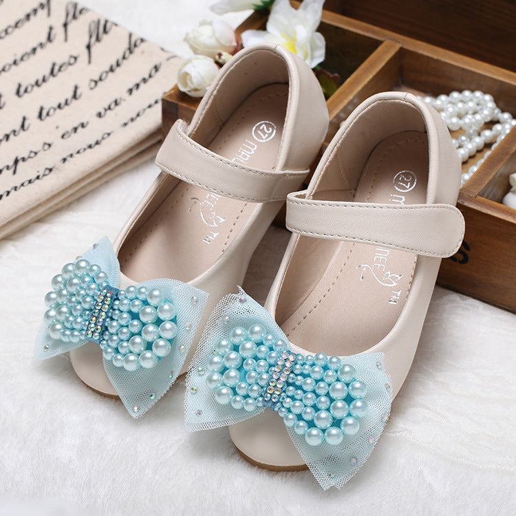 Princess Shoes Girls' Pearl Bow Leather Shoes Wedding Shoes