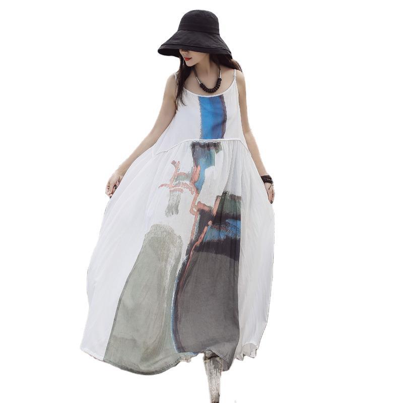 Retro Print Big Swing Long Suspender Dress