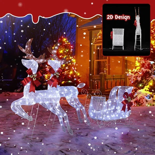 3-Piece Lighted Set Of 2 Reindeer & Sleigh, Weather Proof Christmas Outdoor Decorations With Pre-lit 270 LED White Lights And Stakes For Xmas Outdoor Holiday Indoor Decor Lighted Holiday Displays, Whi