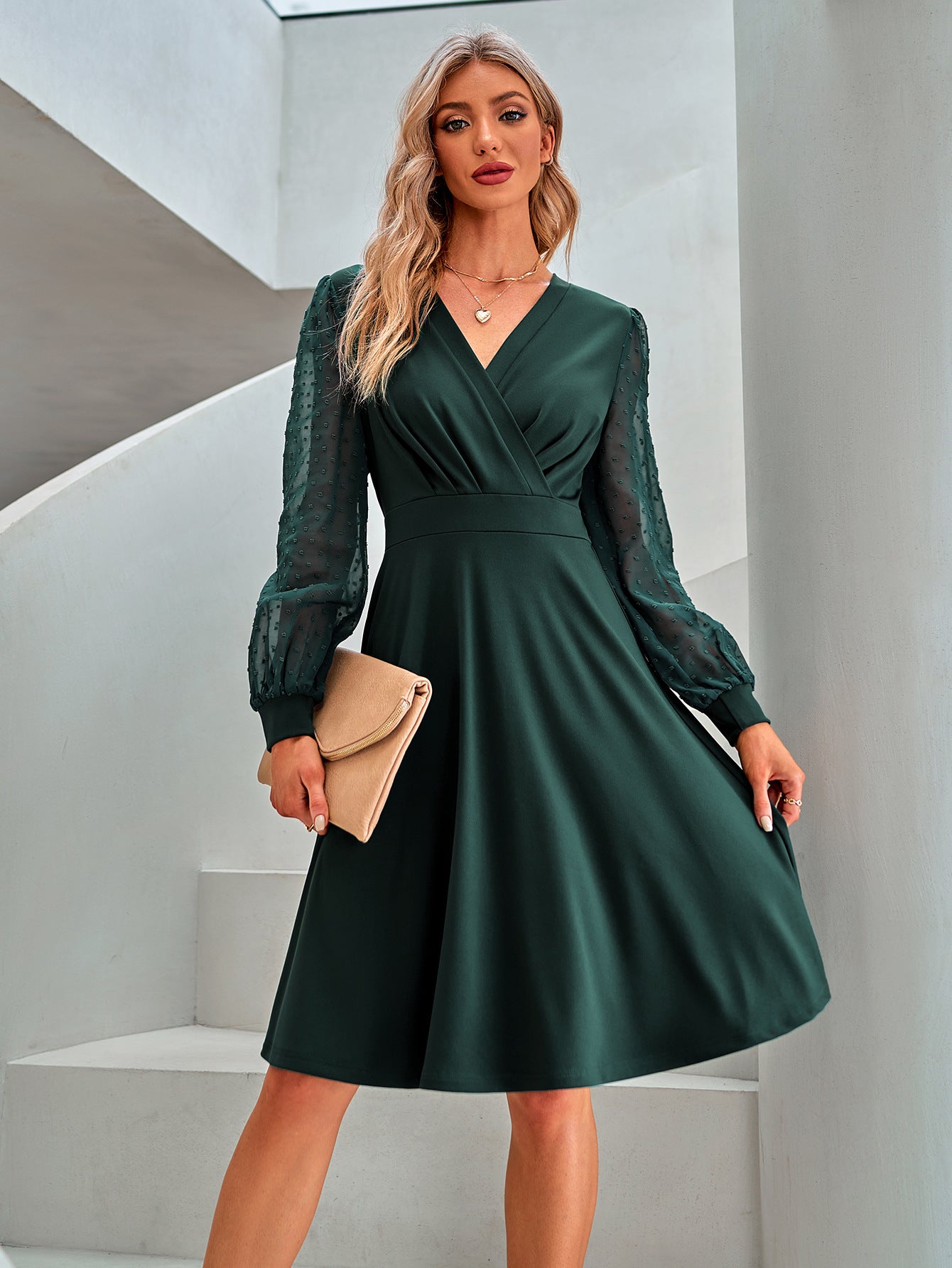 Trend V-neck Solid Color Jacquard Dress