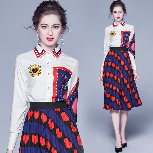 Long Sleeves Shirts+pleated Skirts 2 Pieces Set