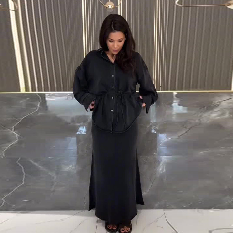 Women's Clothing Belt Waist-controlled Long Sleeves Denim Long Skirts Two-piece Set