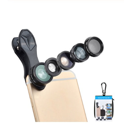 Compatible with Apple, Universal 5 in 1 Clip-On Cell Phone Lens Kit Fisheye Wide Angel Macro Telephoto CPL Lens for iPhone for Xiaomi for Huawei