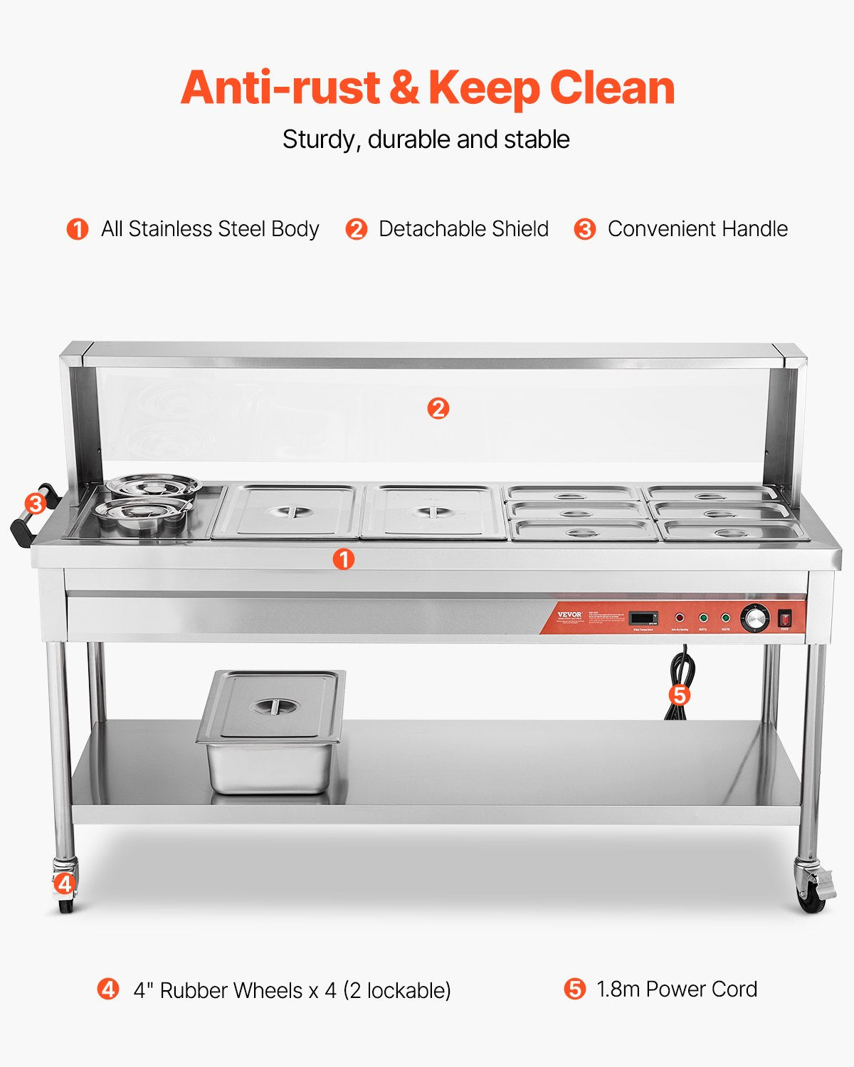 8 Pans + 2 Pots Commercial Food Warmer Steam Table With Undershelf Shield