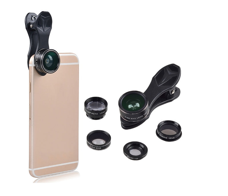 Compatible with Apple, Universal 5 in 1 Clip-On Cell Phone Lens Kit Fisheye Wide Angel Macro Telephoto CPL Lens for iPhone for Xiaomi for Huawei