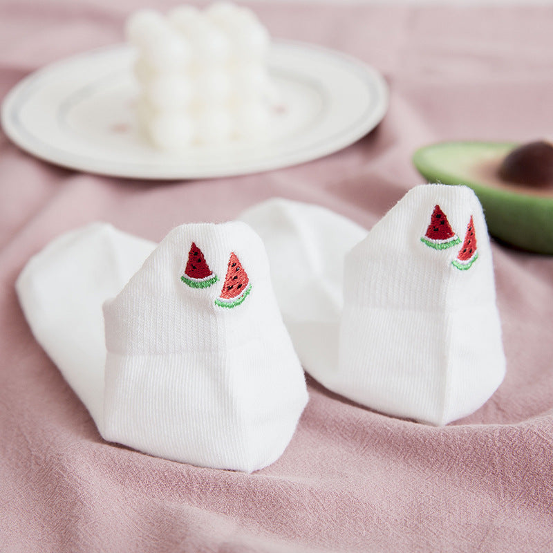 Socks Women's Socks Spring And Summer White Solid Color Cotton Socks Embroidery Fruit Socks Spring And Autumn Thin Ins Tide Shallow Mouth Boat Socks