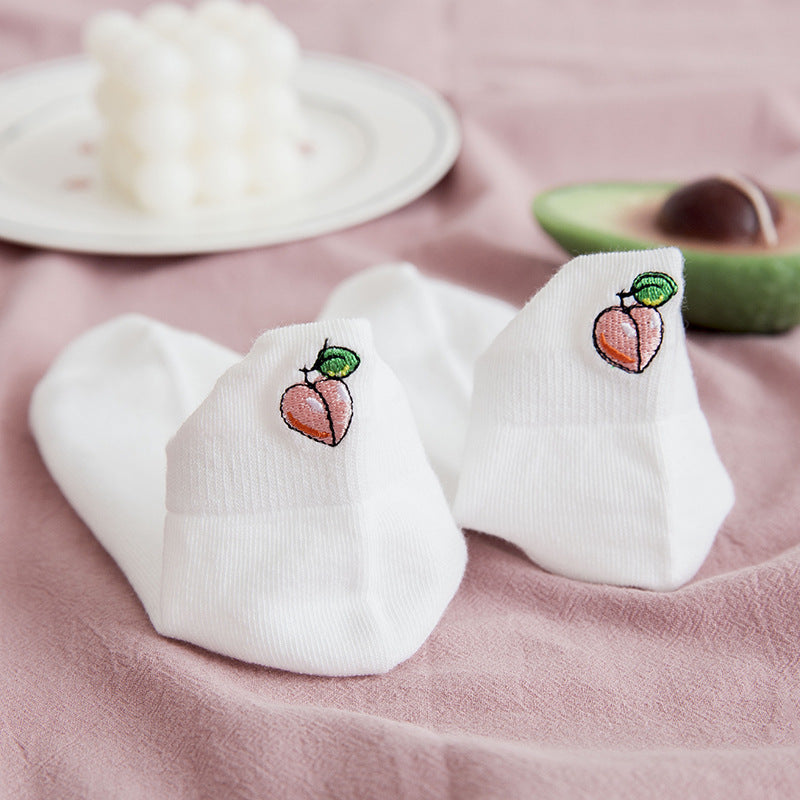 Socks Women's Socks Spring And Summer White Solid Color Cotton Socks Embroidery Fruit Socks Spring And Autumn Thin Ins Tide Shallow Mouth Boat Socks