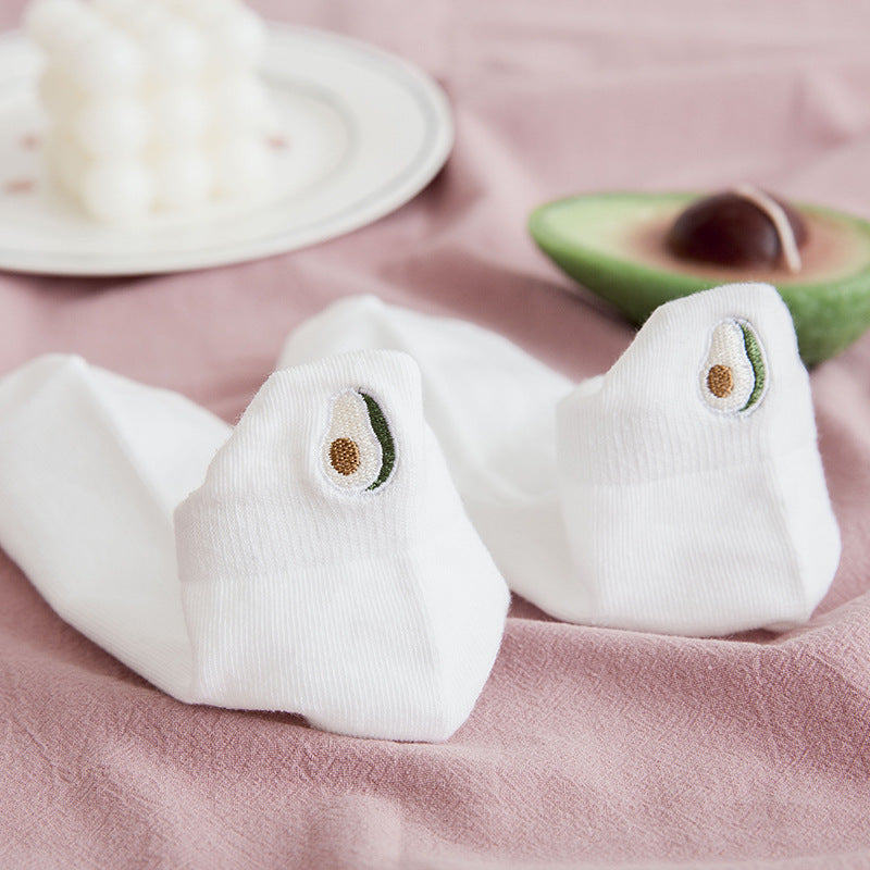 Socks Women's Socks Spring And Summer White Solid Color Cotton Socks Embroidery Fruit Socks Spring And Autumn Thin Ins Tide Shallow Mouth Boat Socks