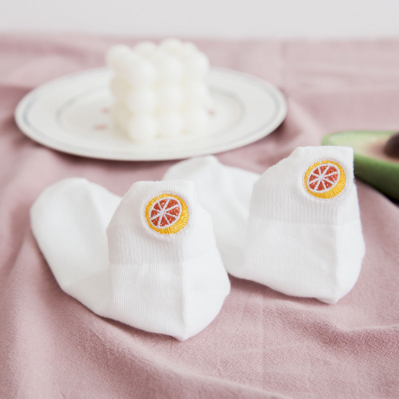 Socks Women's Socks Spring And Summer White Solid Color Cotton Socks Embroidery Fruit Socks Spring And Autumn Thin Ins Tide Shallow Mouth Boat Socks