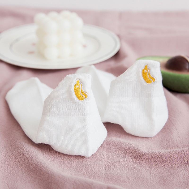 Socks Women's Socks Spring And Summer White Solid Color Cotton Socks Embroidery Fruit Socks Spring And Autumn Thin Ins Tide Shallow Mouth Boat Socks