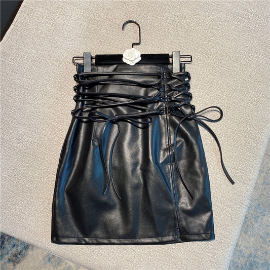 All-match Design Double Strap PU High Waist Diagonal Leather Skirt