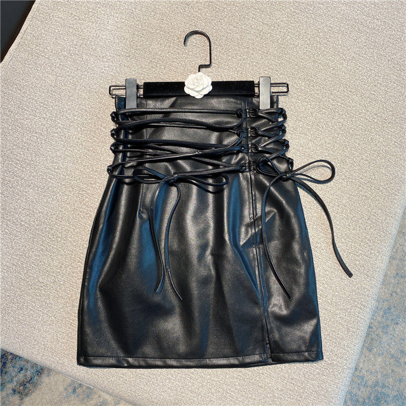 All-match Design Double Strap PU High Waist Diagonal Leather Skirt