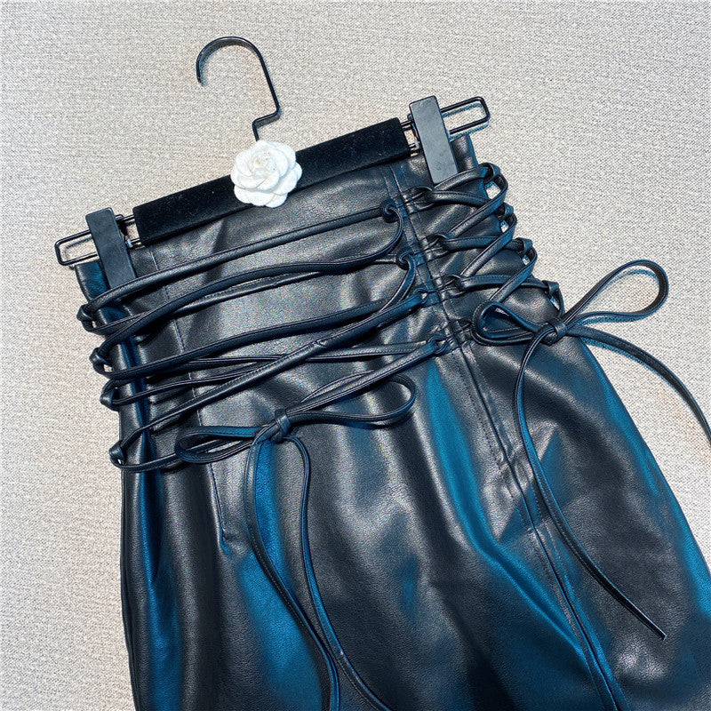 All-match Design Double Strap PU High Waist Diagonal Leather Skirt