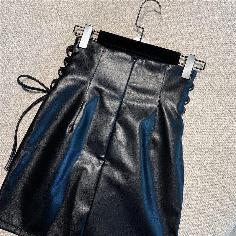 All-match Design Double Strap PU High Waist Diagonal Leather Skirt