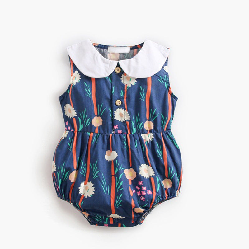 Summer Girl Lapel Round Collar Flower Bamboo Leaf Print,Sleeveless One-Piece Garment Fart Jacket