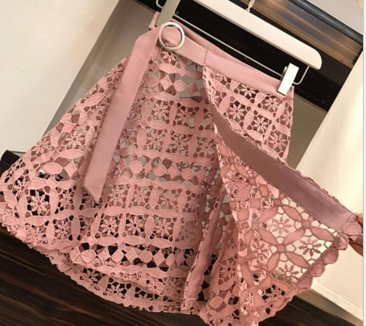 Oulder Long T Shirt & Hollow Out Lace Skirt Suits Skirts