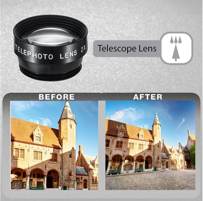 Compatible with Apple, Universal 5 in 1 Clip-On Cell Phone Lens Kit Fisheye Wide Angel Macro Telephoto CPL Lens for iPhone for Xiaomi for Huawei