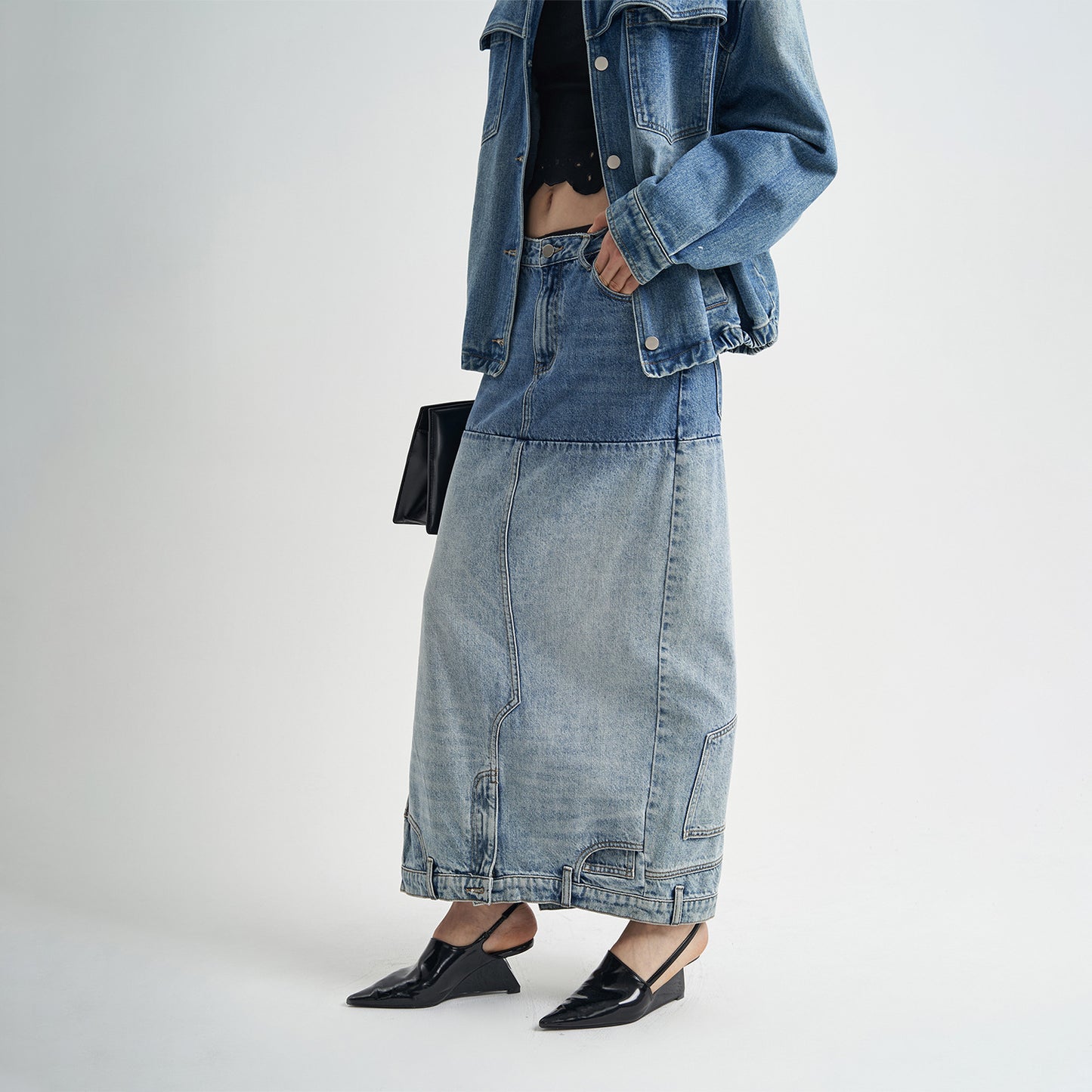 Washed Denim Long Skirts Stitching Design Women's Clothing