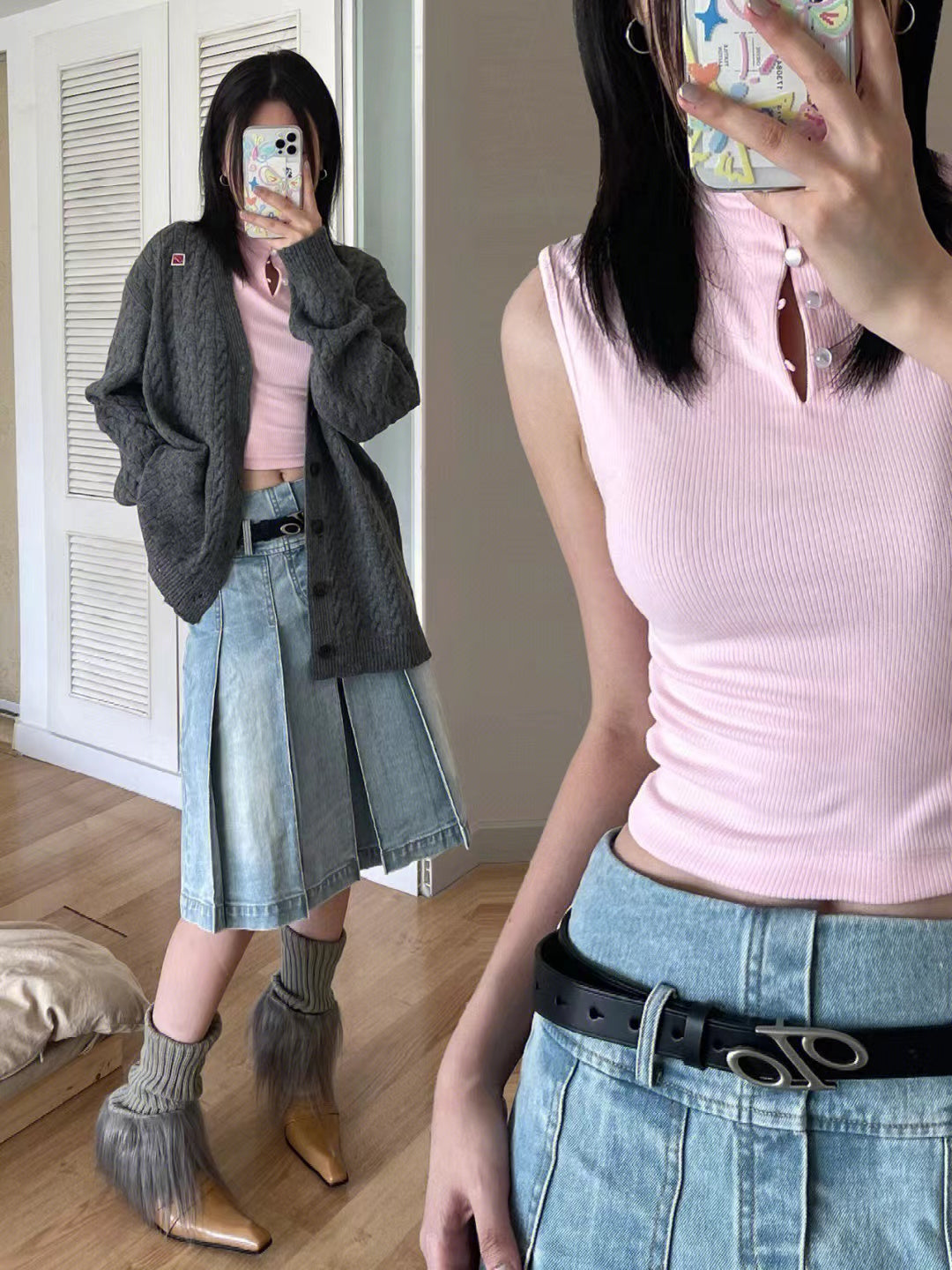 Retro Washed Light Blue Denim Pleated Skirt