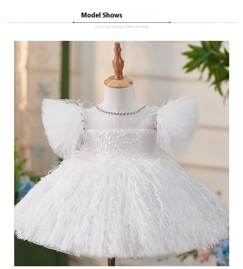 Girls Sequins White Flying Sleeves Feather Dress