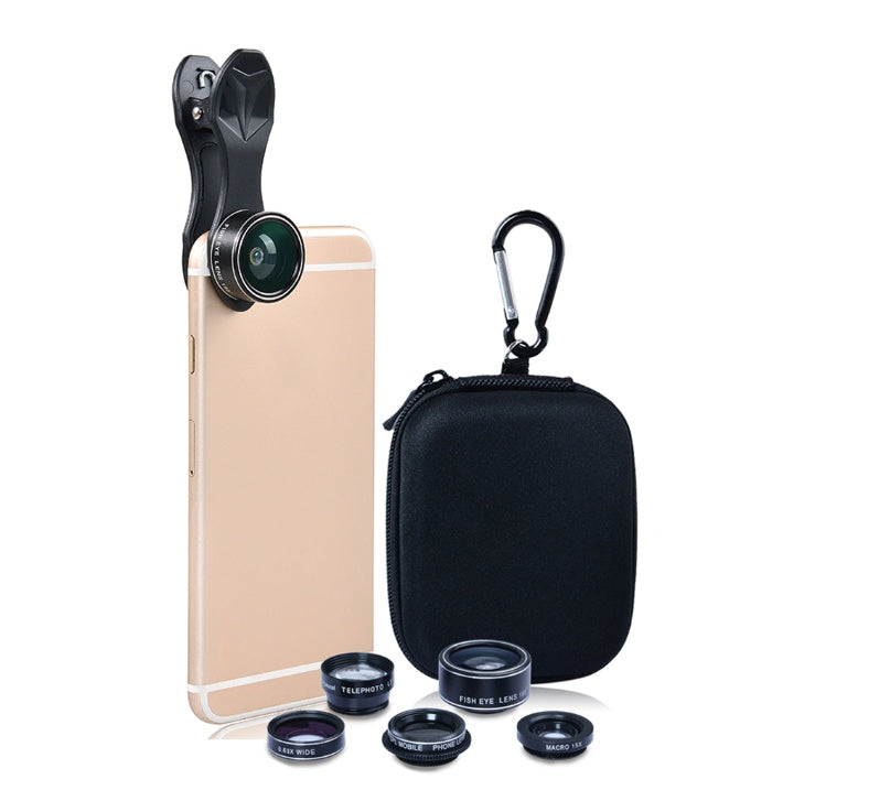 Compatible with Apple, Universal 5 in 1 Clip-On Cell Phone Lens Kit Fisheye Wide Angel Macro Telephoto CPL Lens for iPhone for Xiaomi for Huawei