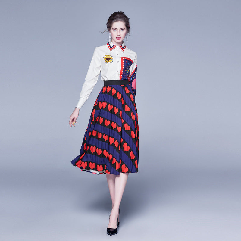 Long Sleeves Shirts+pleated Skirts 2 Pieces Set