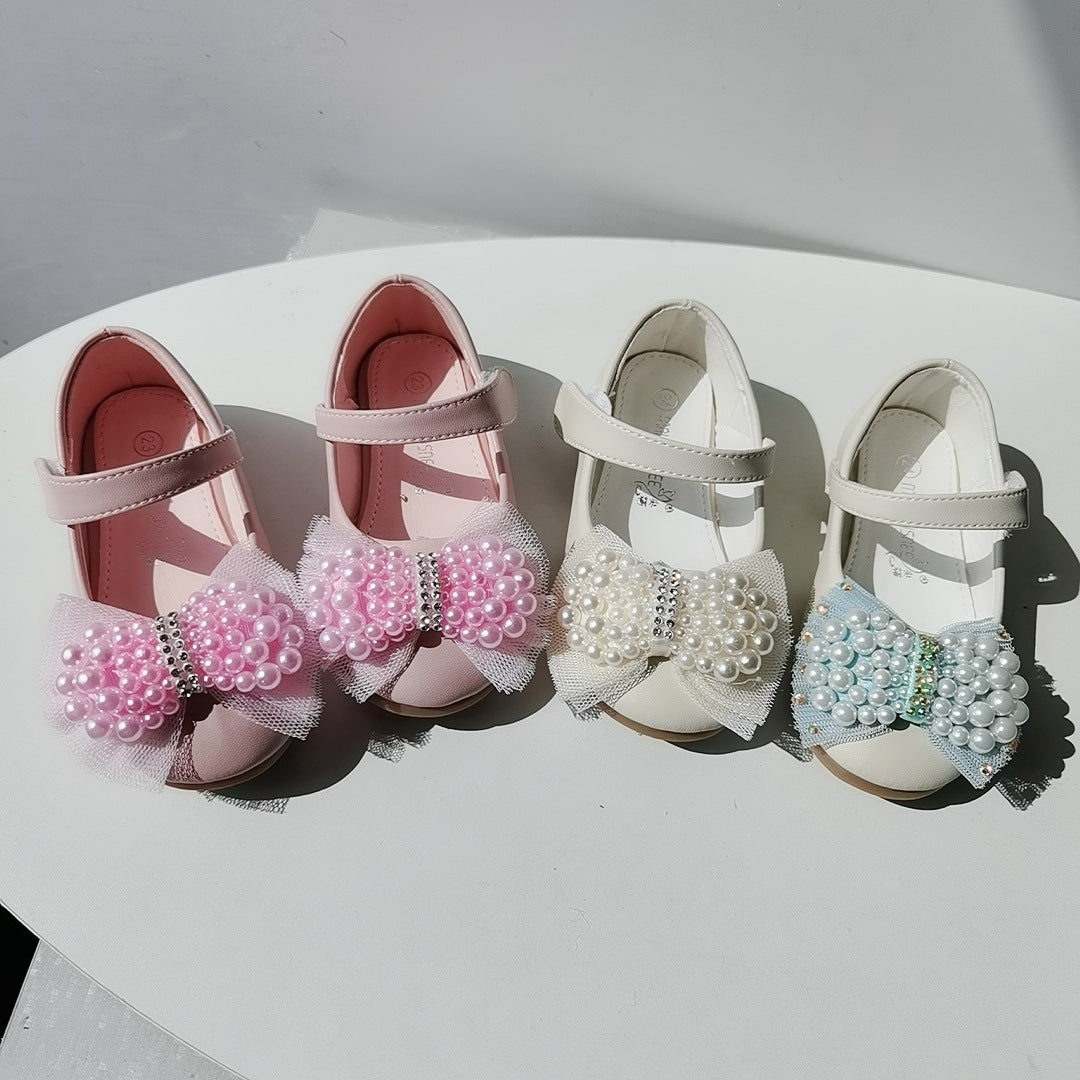 Princess Shoes Girls' Pearl Bow Leather Shoes Wedding Shoes
