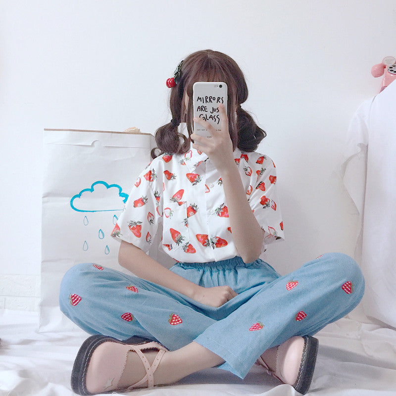 Embroidered strawberry jeans