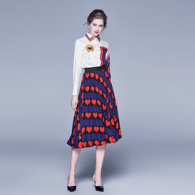 Long Sleeves Shirts+pleated Skirts 2 Pieces Set