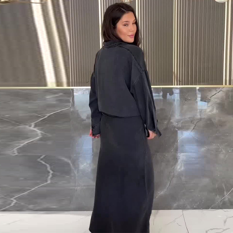 Women's Clothing Belt Waist-controlled Long Sleeves Denim Long Skirts Two-piece Set
