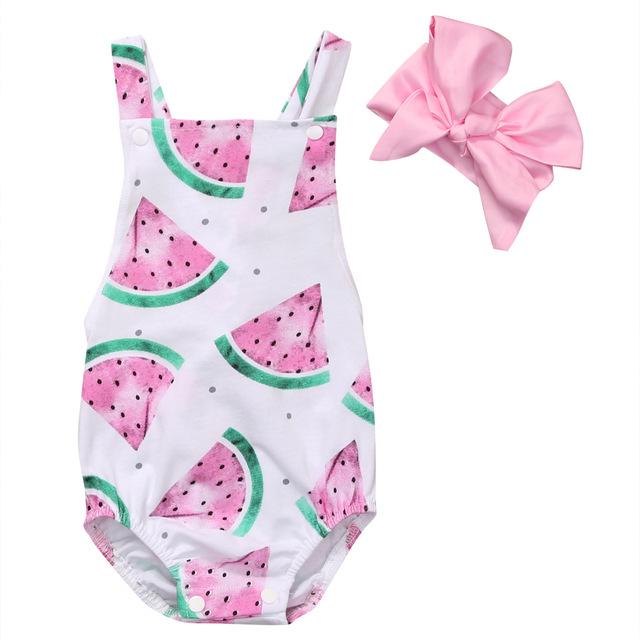 Watermelon Cross Strap  Backless Romper   Headband 2pc Set