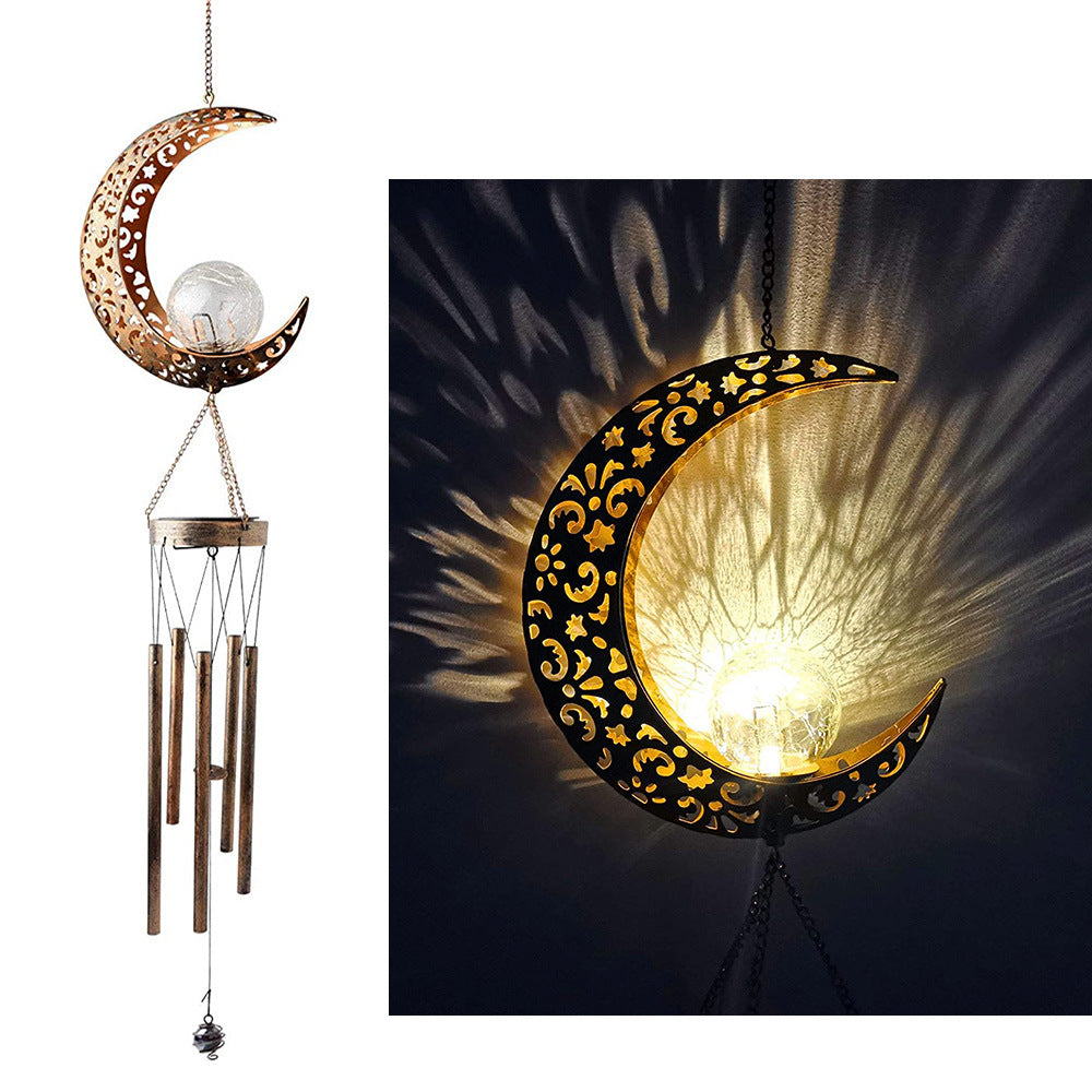 Solar Wrought Iron Hollow Moon Wind Chime Lamp