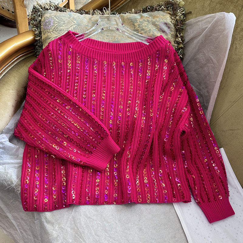 Rose Sequin One-line Neck New Year Loose Vintage Sweater