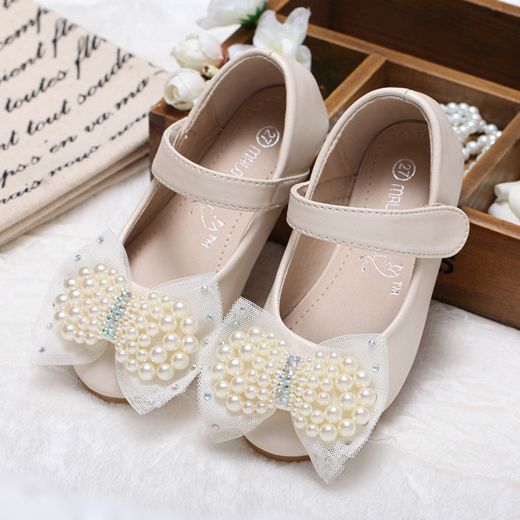 Princess Shoes Girls' Pearl Bow Leather Shoes Wedding Shoes