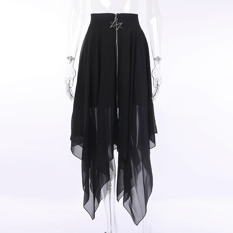 Zombie Cold Irregular Mesh Six-pointed Star Zipper Long Skirt