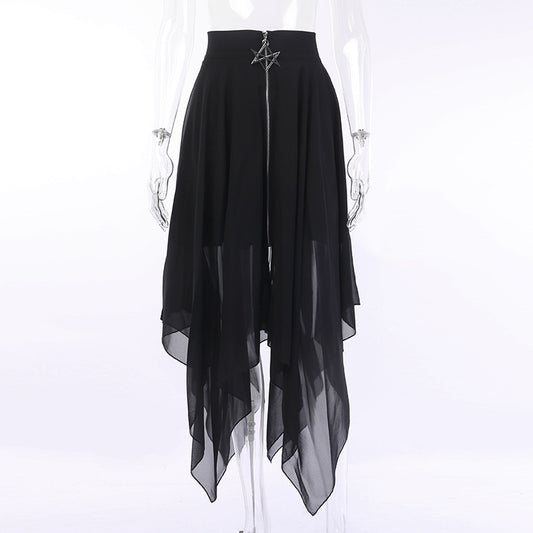 Zombie Cold Irregular Mesh Six-pointed Star Zipper Long Skirt