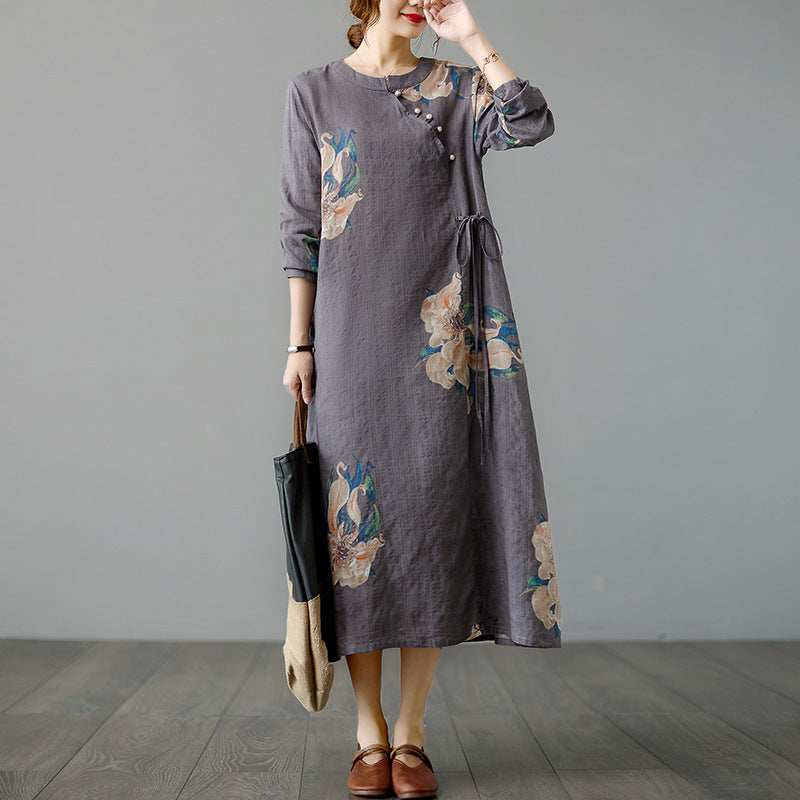 Printed Collar Loose Improved Long Sleeve Cheongsam Long Skirt Girl