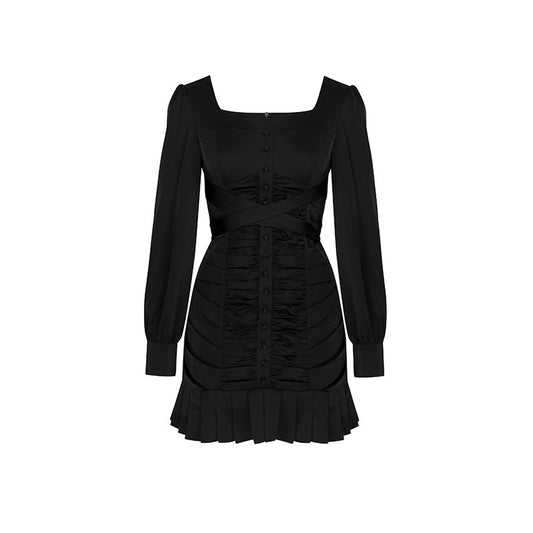 Puff Sleeve Dress Women Autumn And Winter Slimming Temperament Pleated Skirts