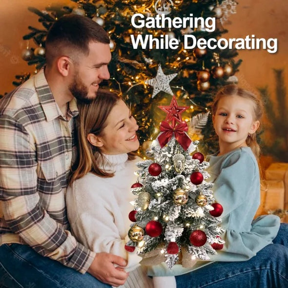 22in Mini Christmas Tree With Lights, Rose Gold Artificial Small Tabletop Christmas Tree With Flocked Snow, Exquisite Decor & Xmas Decorations For Table Top For Home & Office