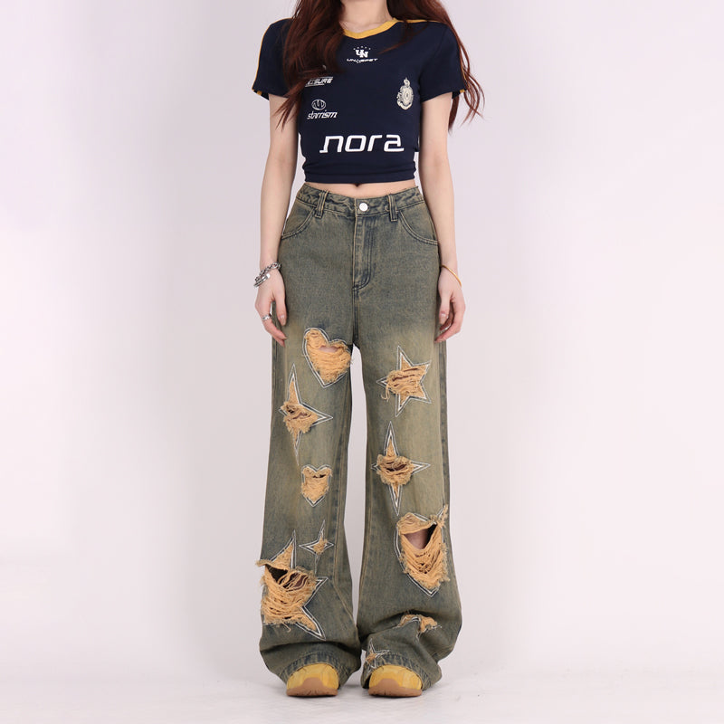 Retro Tattered Jeans Pants Love Wide Leg Jeans
