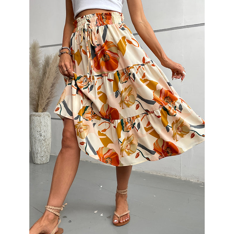 Women's Floral Tiered Midi Skirt Elastic Waist Dressy Casual A-line Flowy Boho Skirts