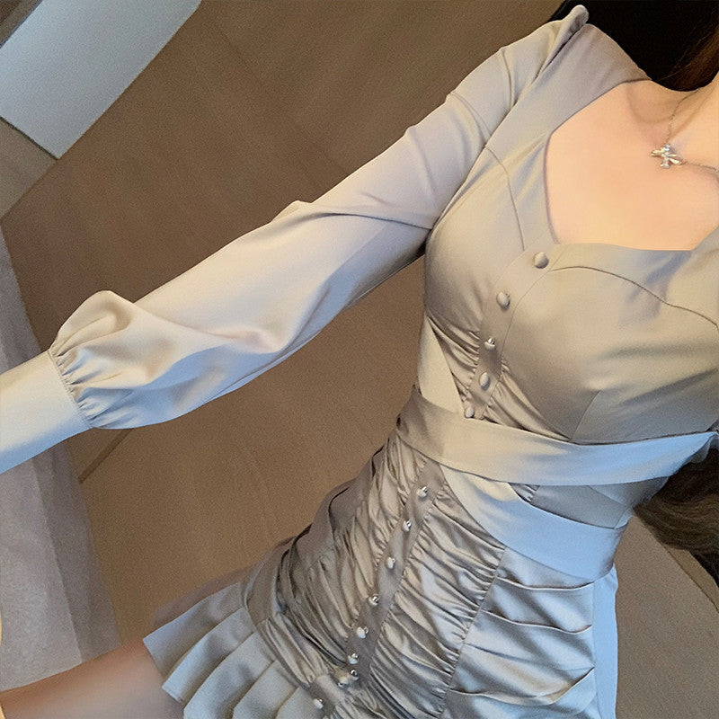Puff Sleeve Dress Women Autumn And Winter Slimming Temperament Pleated Skirts