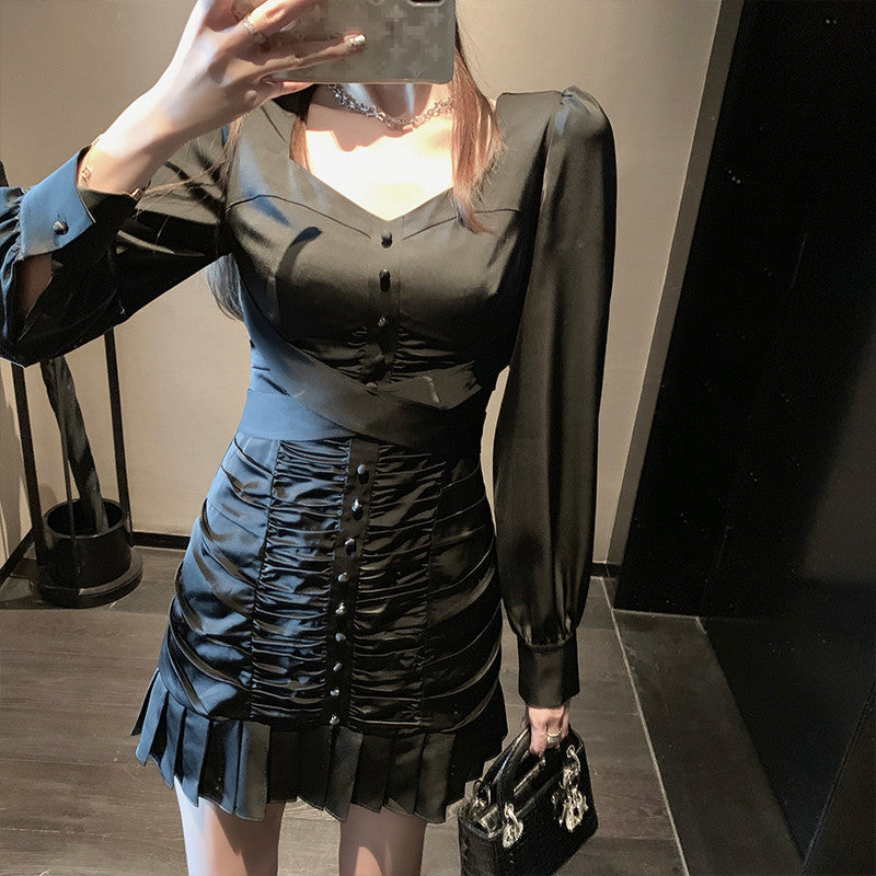 Puff Sleeve Dress Women Autumn And Winter Slimming Temperament Pleated Skirts