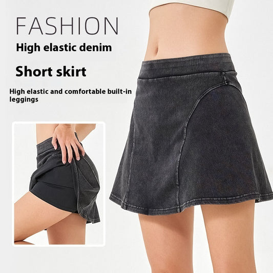 Spring And Summer High Elastic Fake Two Pieces Denim Yoga Skirts