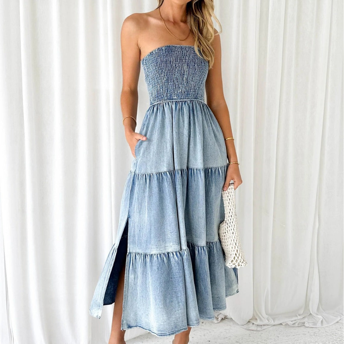 Women's Summer Elegance Hem Stitching Side Cake Denim Long Skirts